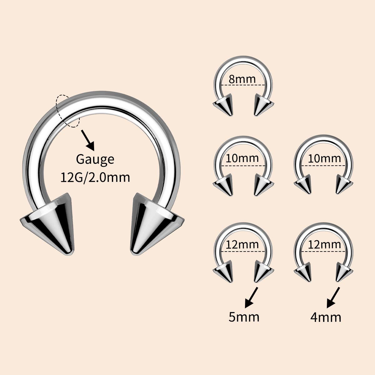 12G Titanium Spike/Ball Ends Internally Threaded Streching Piercing Horseshoe Circular Barbell