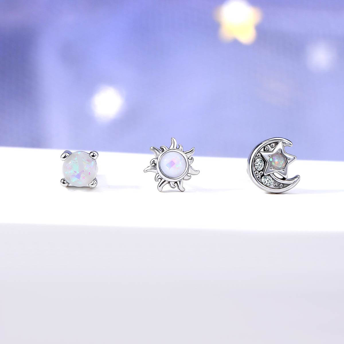 3PCS Opal Moon&Star Nose Studs